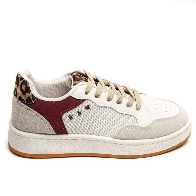Ladies Wine and Leopard Print Panel Lace-Up Chunky Sole Fashion Trainers