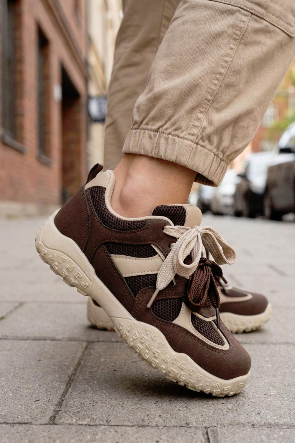 Women's Brown Mesh Lace Up Chunky Trainers