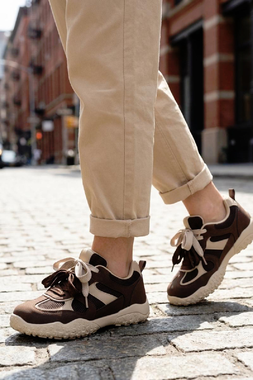 Women's Brown Mesh Lace Up Chunky Trainers