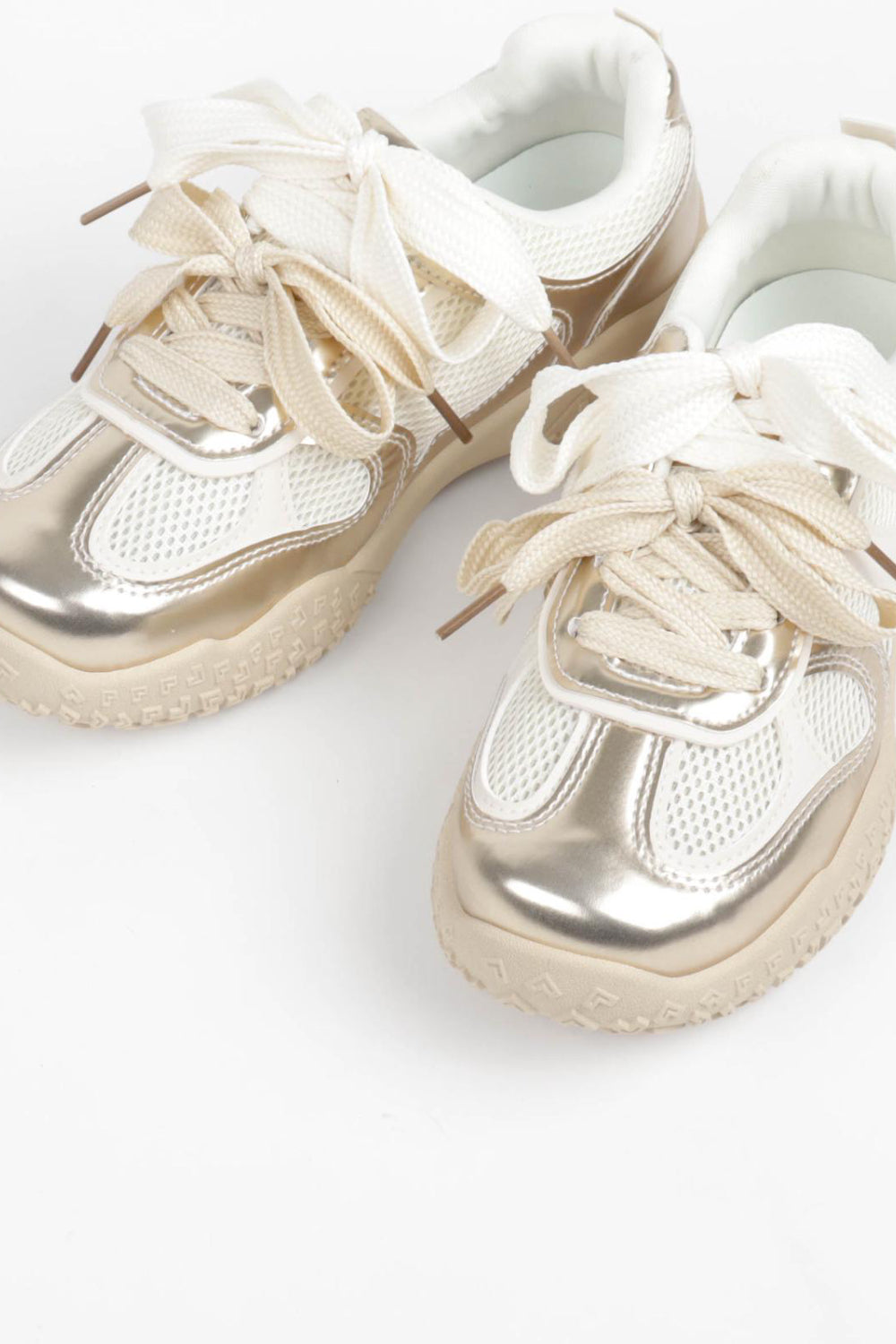 Women's Gold Beige Mesh Lace Up Chunky Trainers