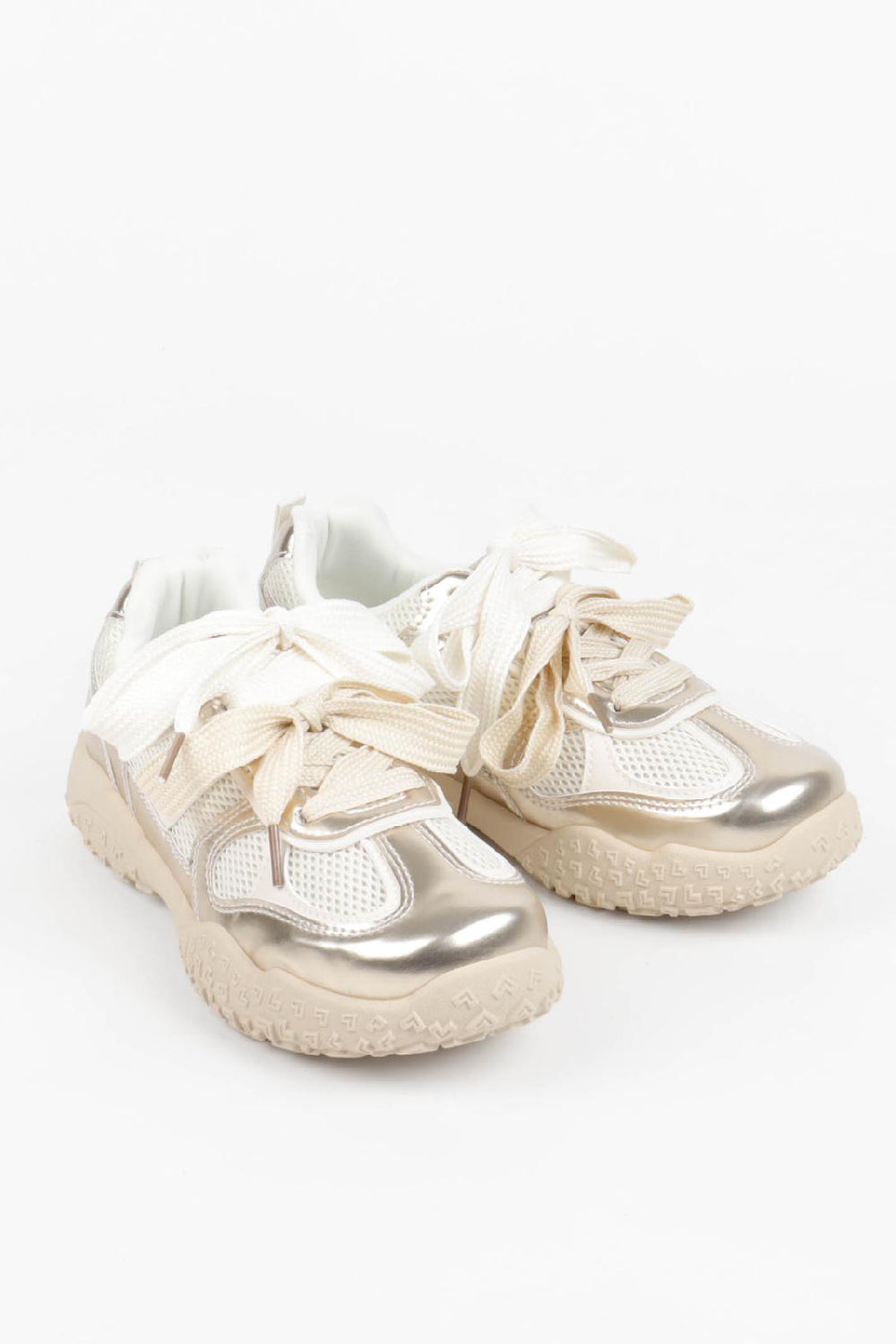 Women's Gold Beige Mesh Lace Up Chunky Trainers