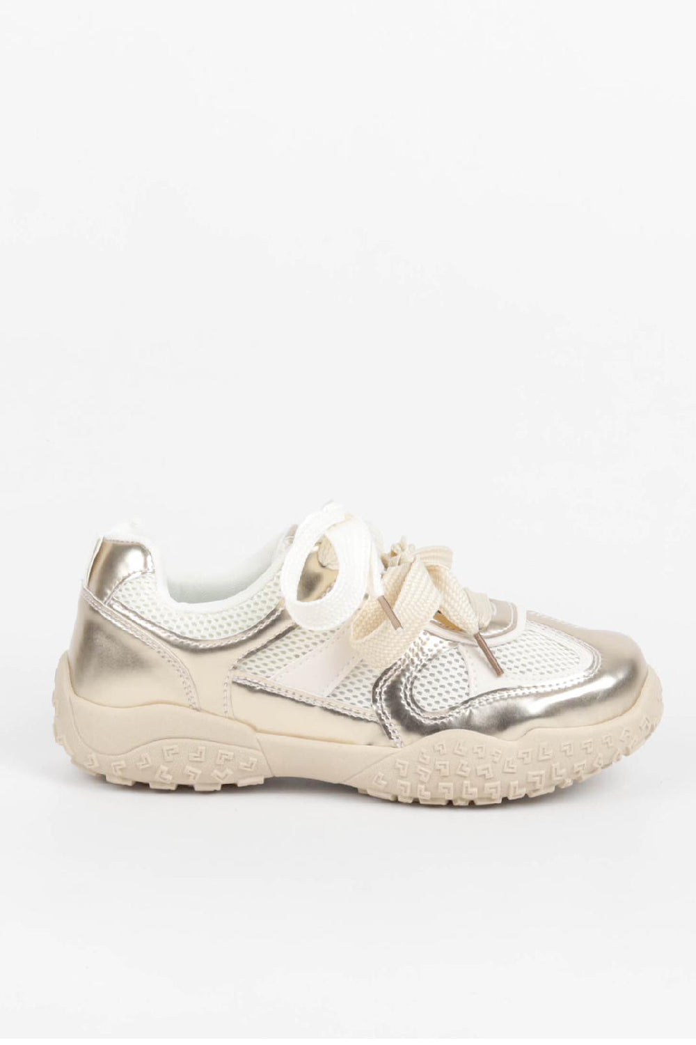Women's Gold Beige Mesh Lace Up Chunky Trainers