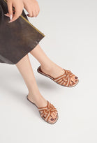 MULTI STRAP CROSS OVER FLAT SLIDERS IN BEIGE