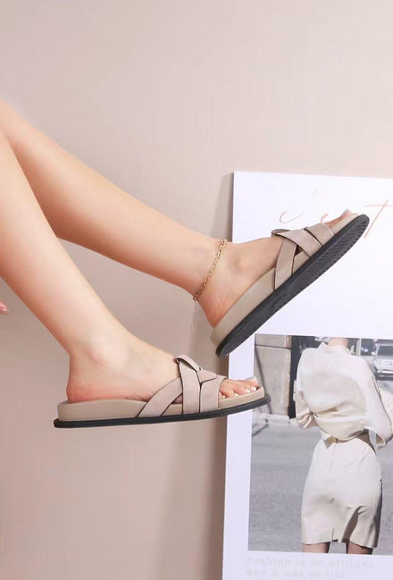 Wholesale Women’s Crossover Beige Cut-Out Slide Sandals