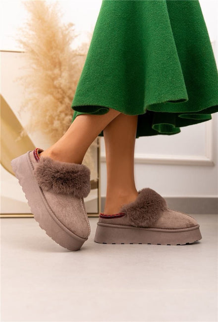 ULTRA MINI PLATFORM FLUFFY FURR ANKLE SLIPPERS IN TAUPE