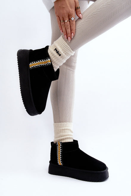 BLACK ULTRA MINI PLATFORM AZTEC FAUX FUR LINED ANKLE BOOTS