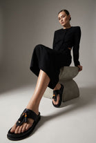 Wholesale Black Faux Leather Sandals with Tassel Detail