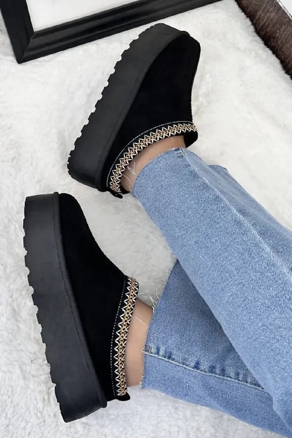 BLACK FLUFFY PLATFORM SLIPPERS FAUX FUR LINED ANKLE BOOTS