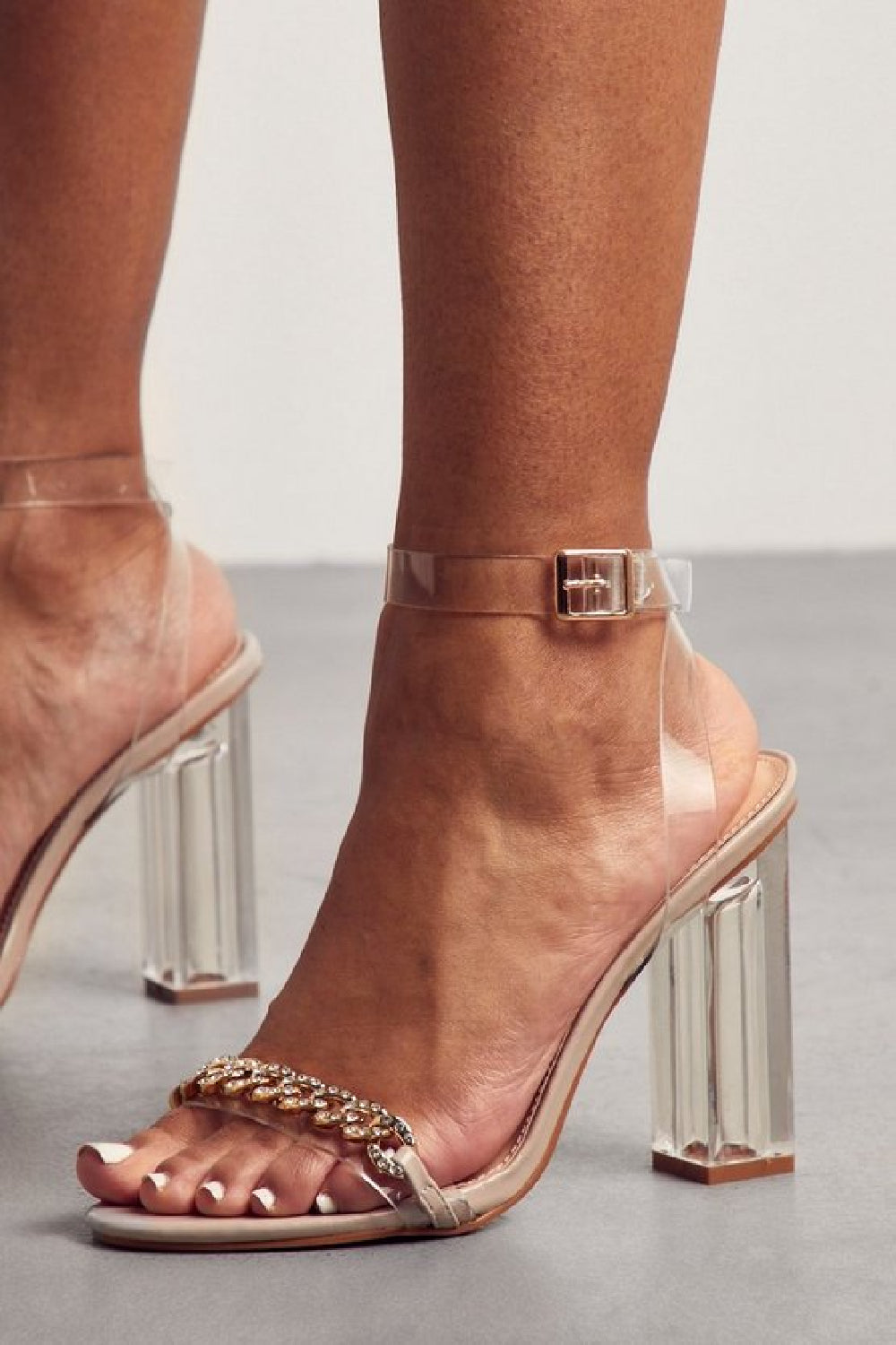 NUDE PATENT PERSPEX BLOCK HEEL WITH CHAIN STRAP