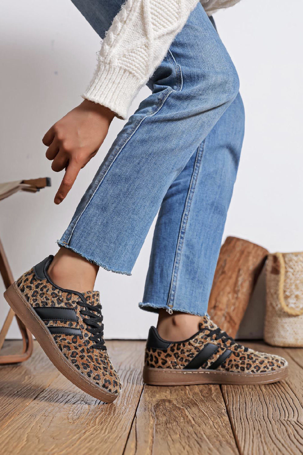 Ladies Flat Lace up Gum Sole Fashion Casual Trainers in Leopard Print