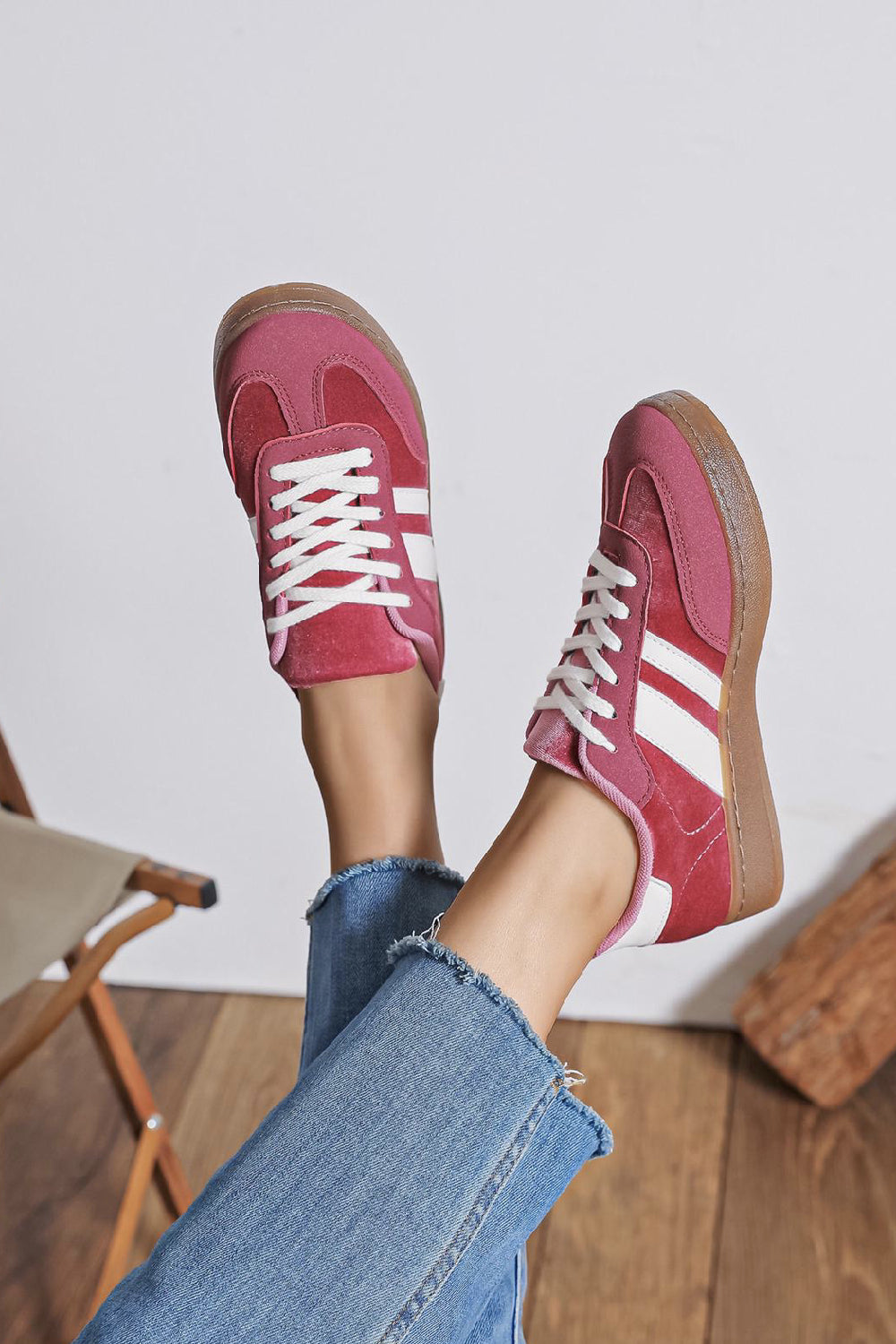 Ladies Flat Lace up Gum Sole Fashion Casual Trainers in Purple