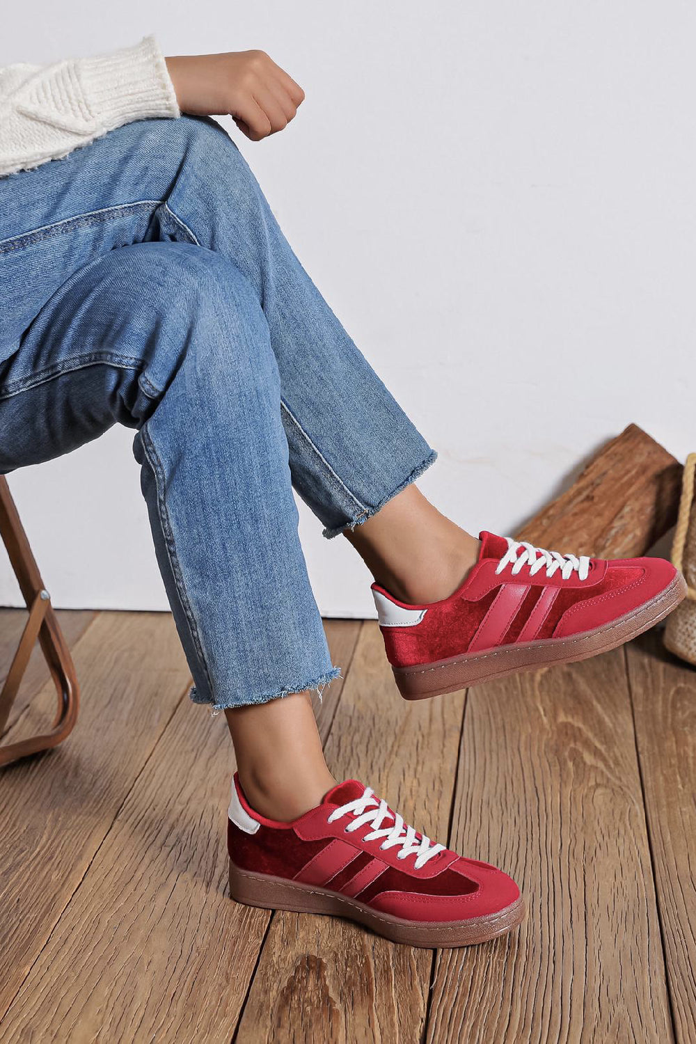 Ladies Flat Lace up Gum Sole Fashion Casual Trainers in Red