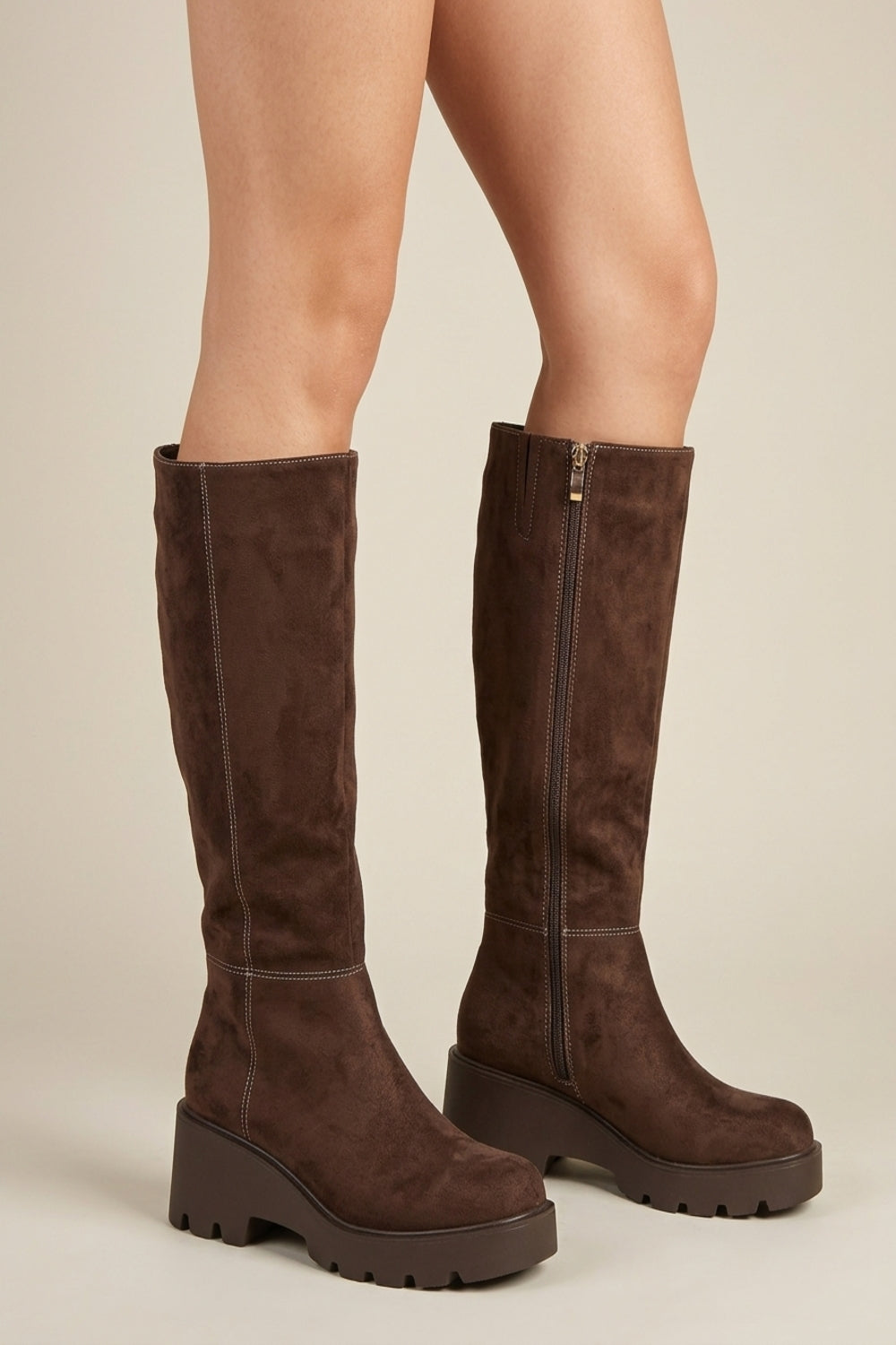 Ladies Knee High Chunky Sole Wedge Boots | Brown