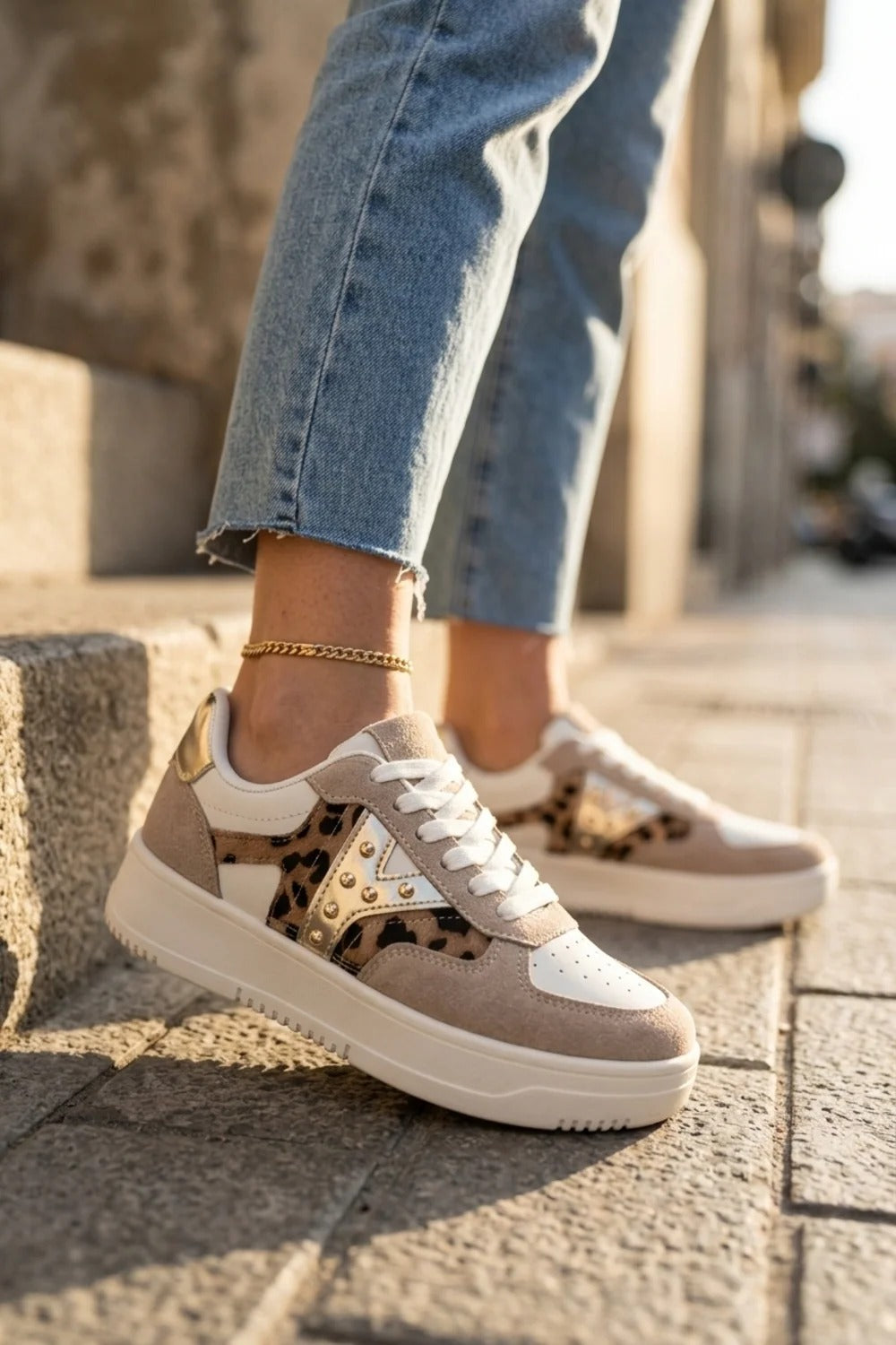 Metallic Detail Lace Up Trainers In Leopard | Wholesale
