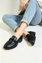 Women's Matte Black Faux Leather Slip-On Knotted Strap Loafers