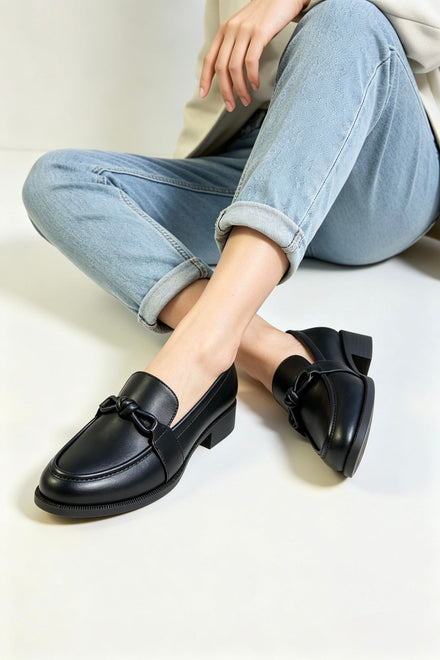 Women's Matte Black Faux Leather Slip-On Knotted Strap Loafers