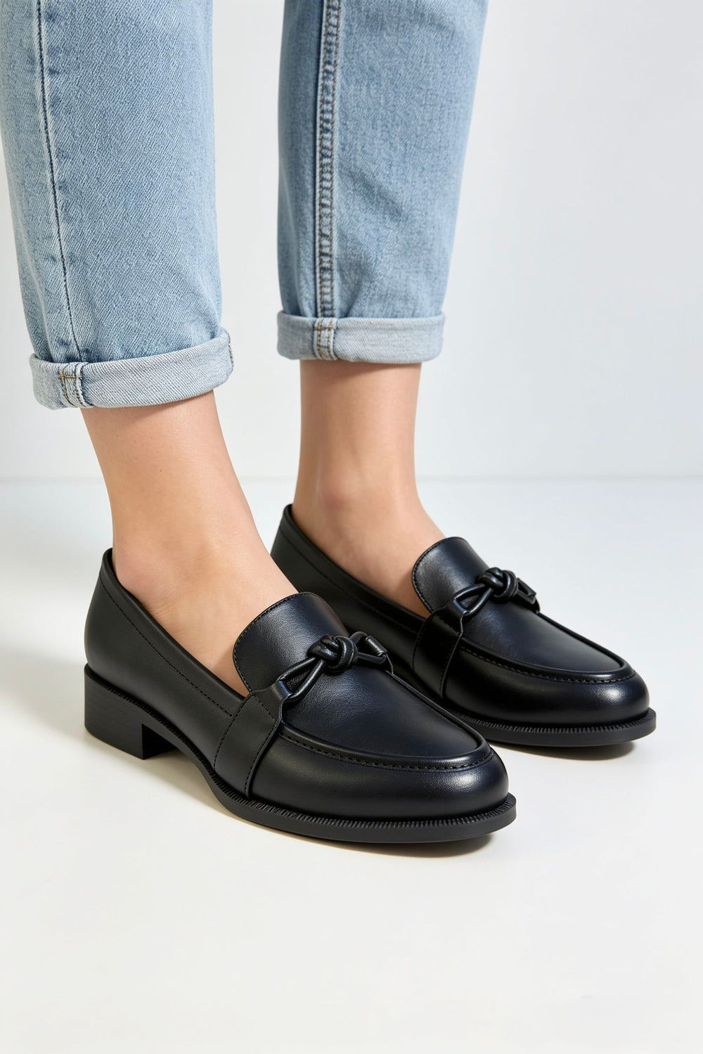 Women's Matte Black Faux Leather Slip-On Knotted Strap Loafers