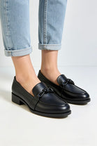 Women's Matte Black Faux Leather Slip-On Knotted Strap Loafers