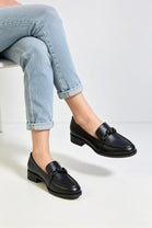 Women's Matte Black Faux Leather Slip-On Knotted Strap Loafers