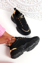 BLACK LACE UP FLAT CHUNKY SIDE DETAIL FASHION TRAINERS SHOES