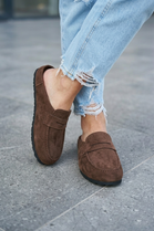 Women's Brown Suede Mule Loafer Slip-On Comfort Flats
