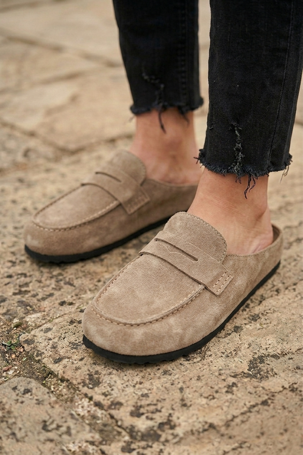 Women's Camel Suede Mule Loafer Slip-On Comfort Flats