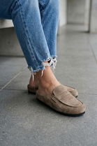 Women's Camel Suede Mule Loafer Slip-On Comfort Flats
