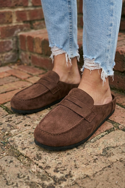 Women's Brown Suede Mule Loafer Slip-On Comfort Flats
