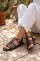 Dark Brown Faux Leather Fisherman Sandals With Gold Buckle Strap