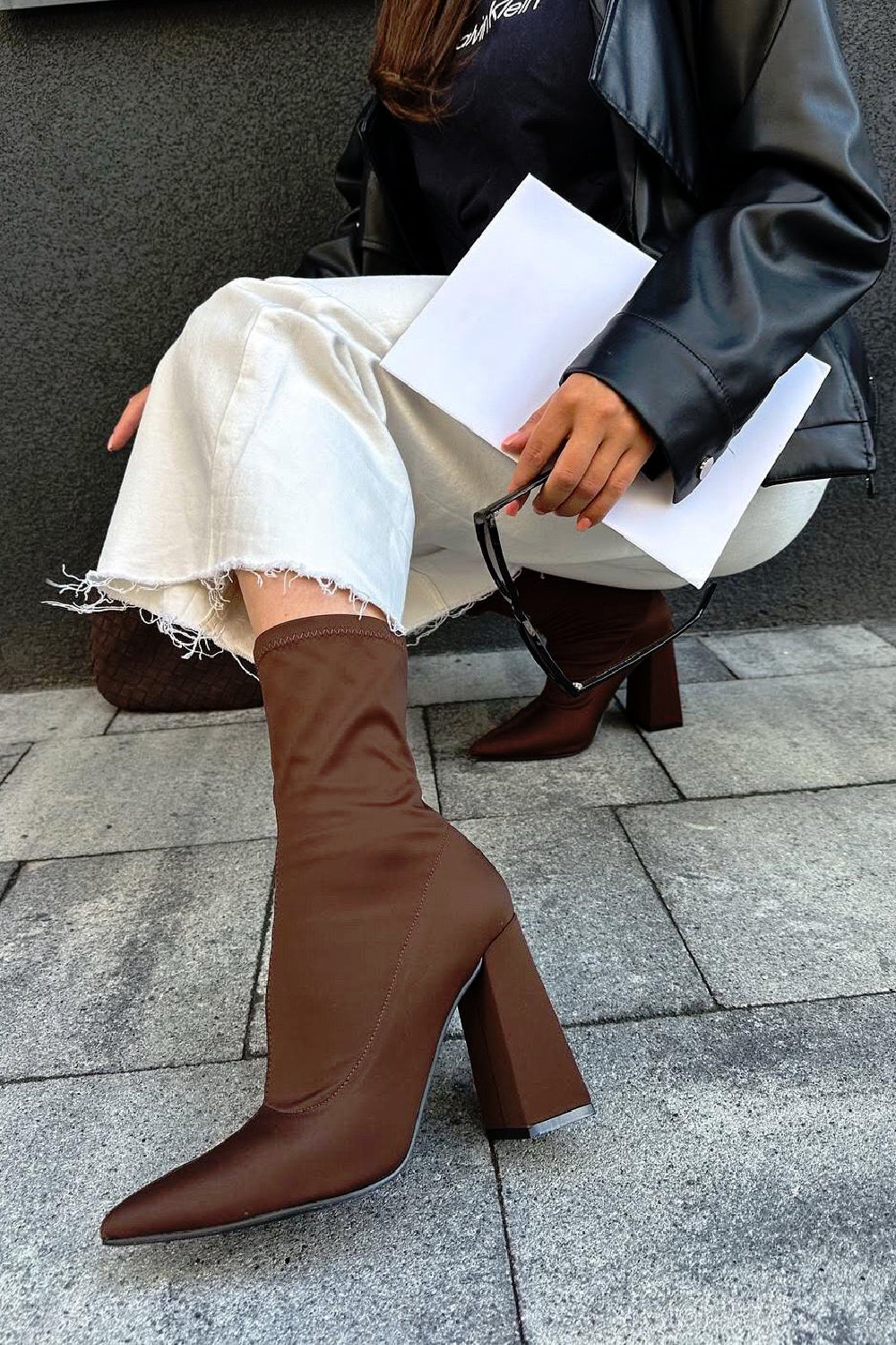 Women's Block Heeled Brown Sock Ankle Boots
