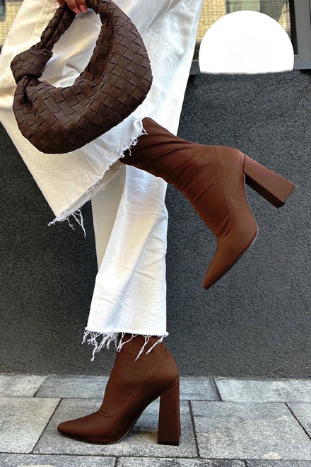 Women's Block Heeled Brown Sock Ankle Boots