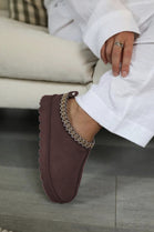 BROWN FAUX SUEDE EMBROIDERED AZTEC COZY SLIPPER BOOTS