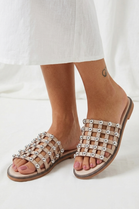 Nude PU Studded Caged Flat Slider Sandals