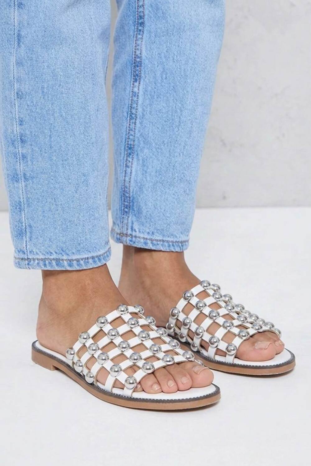 White PU Studded Caged Flat Slider Sandals