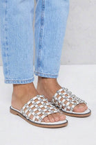 White PU Studded Caged Flat Slider Sandals