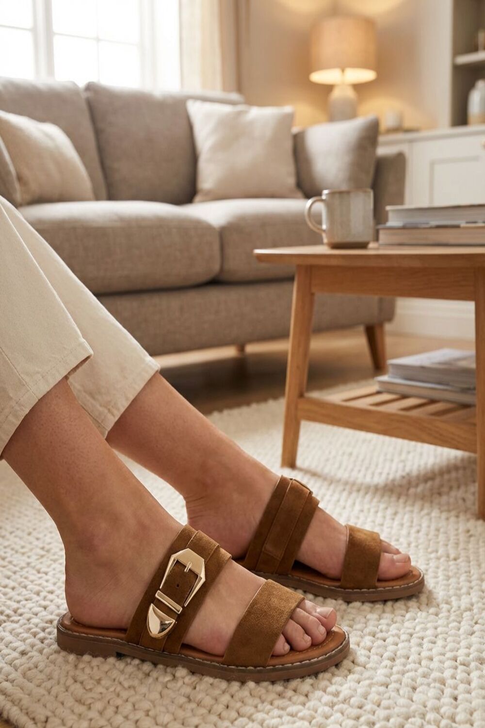 Women's Dual-Strap Tan Suede Slide Sandals with Gold Buckle