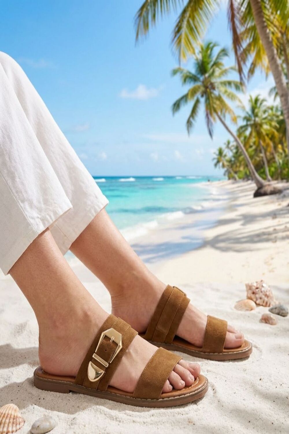 Women's Dual-Strap Tan Suede Slide Sandals with Gold Buckle