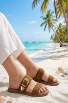Women's Dual-Strap Tan Suede Slide Sandals with Gold Buckle