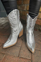 Women’s Silver Metallic Western Ankle Boots Cowgirl Booties