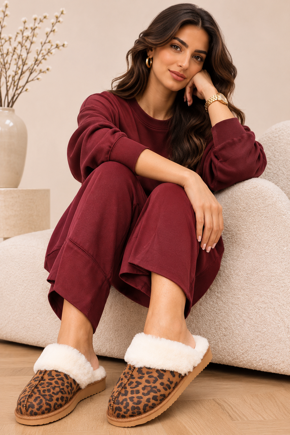 Leopard Suede Faux Fur Lined Slip-on Flat Slippers