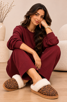 Leopard Suede Faux Fur Lined Slip-on Flat Slippers