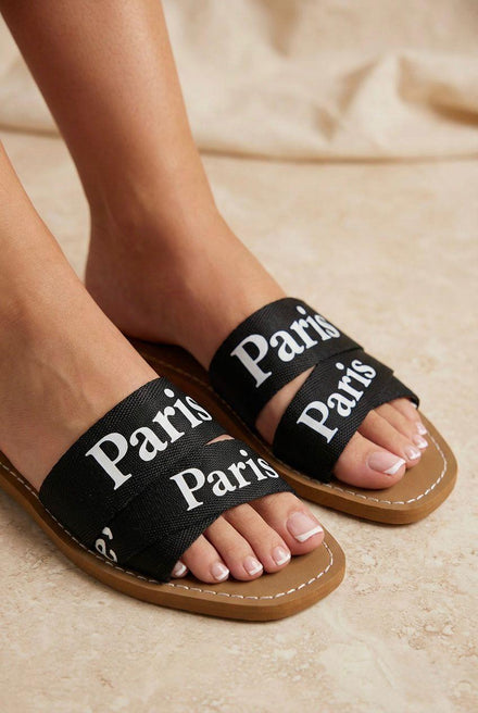 Women’s Printed Logo Flat Slide Sandals In Black – Chic Summer Sliders
