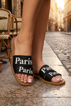 Women’s Printed Logo Flat Slide Sandals In Black – Chic Summer Sliders