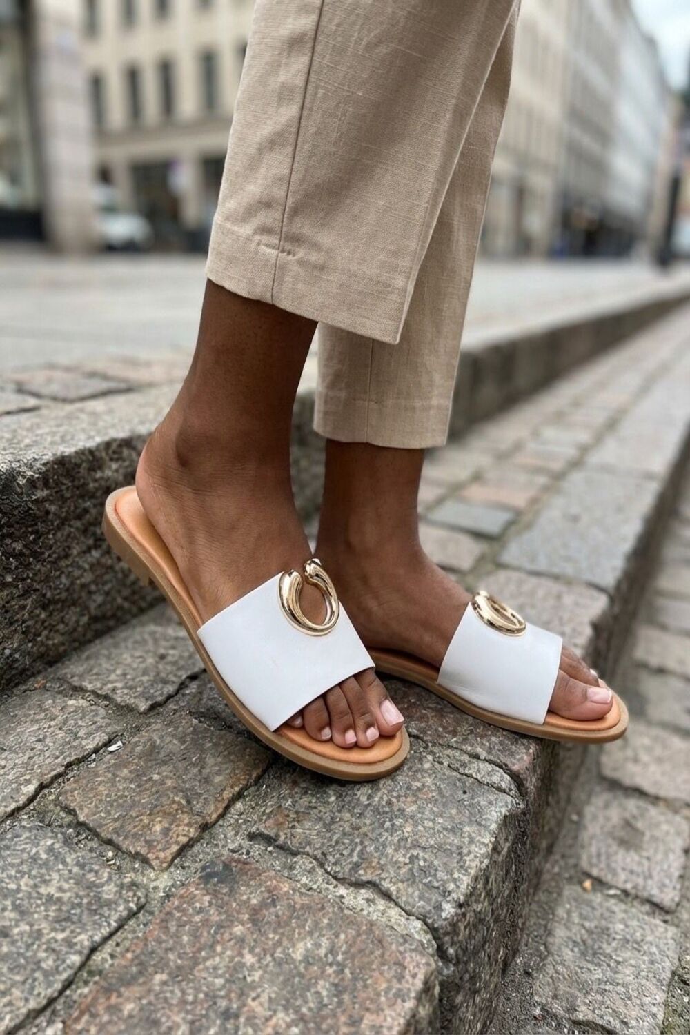 Women’s White Flat Slip-On Mule Sandals with Metal Ring Accent