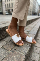 Women’s White Flat Slip-On Mule Sandals with Metal Ring Accent