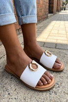 Women’s White Flat Slip-On Mule Sandals with Metal Ring Accent