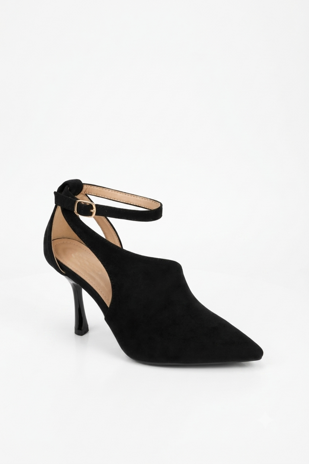Women’s Pointed-Toe Ankle-Strap Heel Sandals in Black Faux Suede