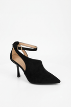 Women’s Pointed-Toe Ankle-Strap Heel Sandals in Black Faux Suede