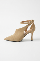 Women’s Pointed-Toe Ankle-Strap Heel Sandals in Khaki Faux Suede