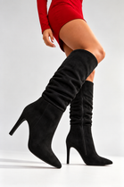 Black Suede Ruched Knee-High Pointed Toe Stiletto Boots